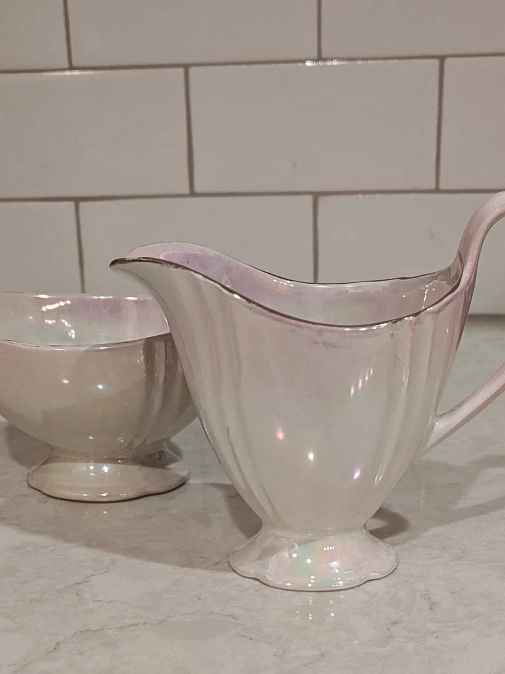 vintage Royal Winton Grimwades iridescent pink lustreware sugar and creamer set.